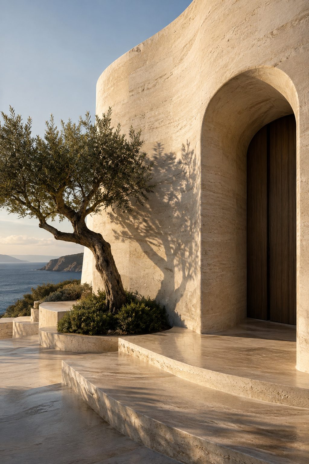 Sunlight across a sculptural coastal home and an olive tree